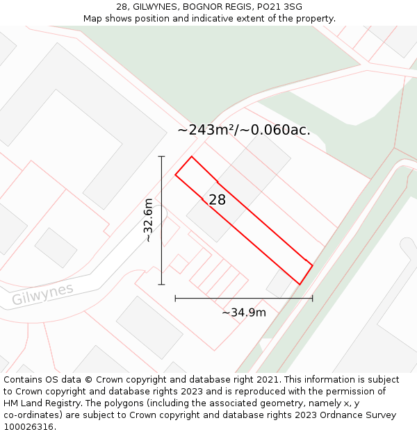 28, GILWYNES, BOGNOR REGIS, PO21 3SG: Plot and title map