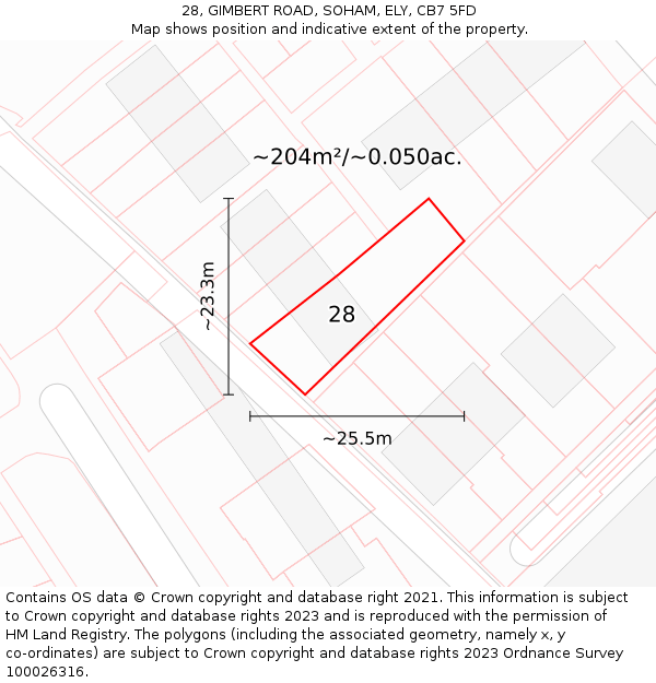 28, GIMBERT ROAD, SOHAM, ELY, CB7 5FD: Plot and title map