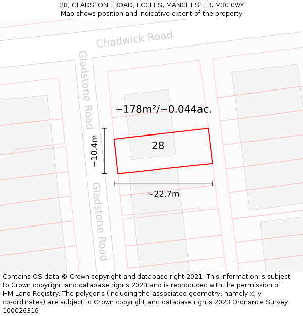 28, GLADSTONE ROAD, ECCLES, MANCHESTER, M30 0WY: Plot and title map
