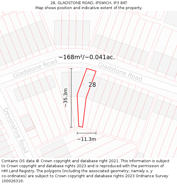 28, GLADSTONE ROAD, IPSWICH, IP3 8AT: Plot and title map