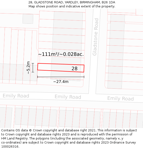 28, GLADSTONE ROAD, YARDLEY, BIRMINGHAM, B26 1DA: Plot and title map