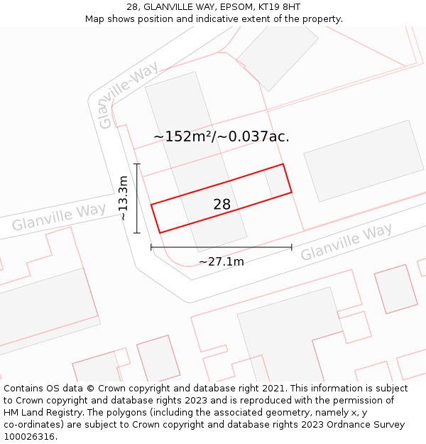 28, GLANVILLE WAY, EPSOM, KT19 8HT: Plot and title map