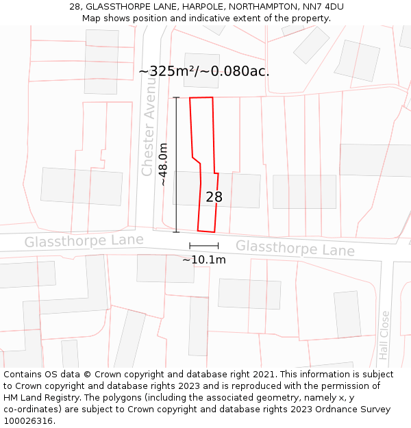 28, GLASSTHORPE LANE, HARPOLE, NORTHAMPTON, NN7 4DU: Plot and title map