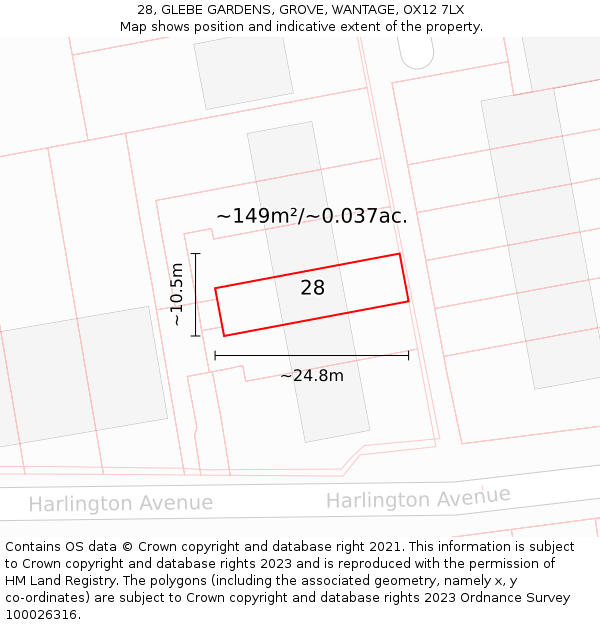 28, GLEBE GARDENS, GROVE, WANTAGE, OX12 7LX: Plot and title map