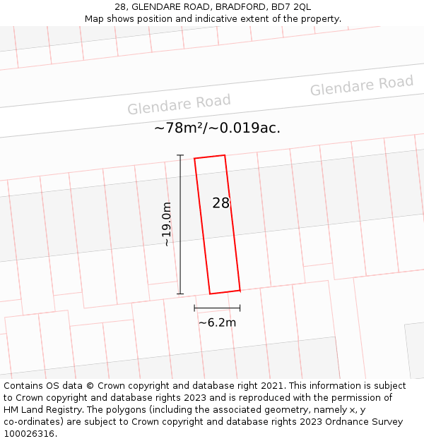 28, GLENDARE ROAD, BRADFORD, BD7 2QL: Plot and title map