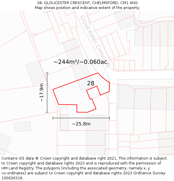 28, GLOUCESTER CRESCENT, CHELMSFORD, CM1 4NG: Plot and title map