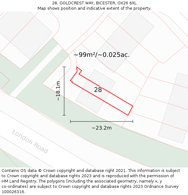 28, GOLDCREST WAY, BICESTER, OX26 6XL: Plot and title map