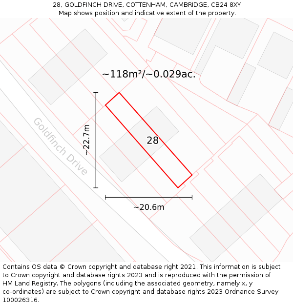 28, GOLDFINCH DRIVE, COTTENHAM, CAMBRIDGE, CB24 8XY: Plot and title map