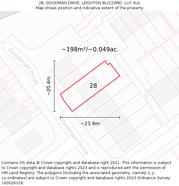 28, GOODMAN DRIVE, LEIGHTON BUZZARD, LU7 4UL: Plot and title map