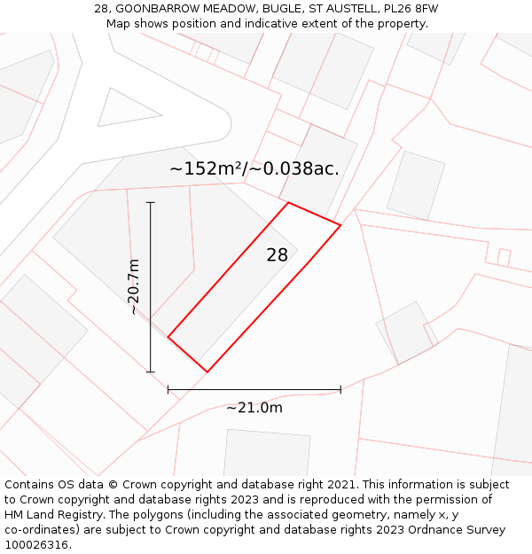 28, GOONBARROW MEADOW, BUGLE, ST AUSTELL, PL26 8FW: Plot and title map