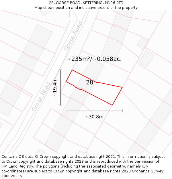 28, GORSE ROAD, KETTERING, NN16 9TD: Plot and title map