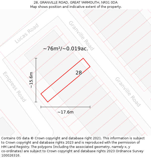 28, GRANVILLE ROAD, GREAT YARMOUTH, NR31 0DA: Plot and title map