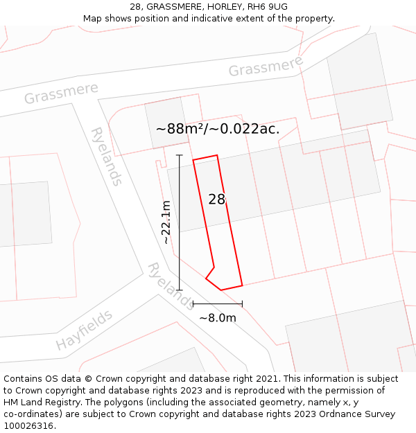 28, GRASSMERE, HORLEY, RH6 9UG: Plot and title map
