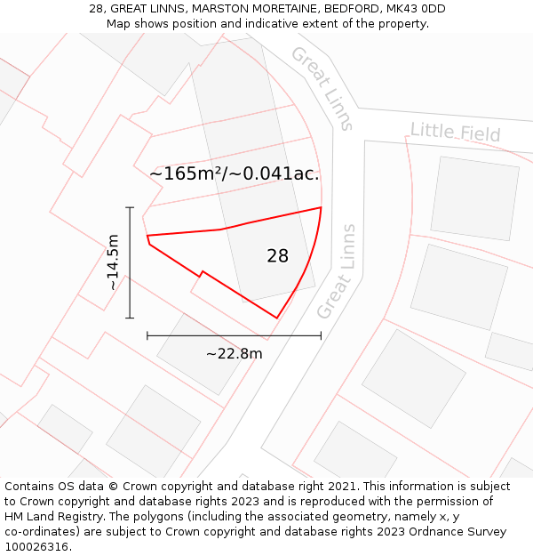 28, GREAT LINNS, MARSTON MORETAINE, BEDFORD, MK43 0DD: Plot and title map