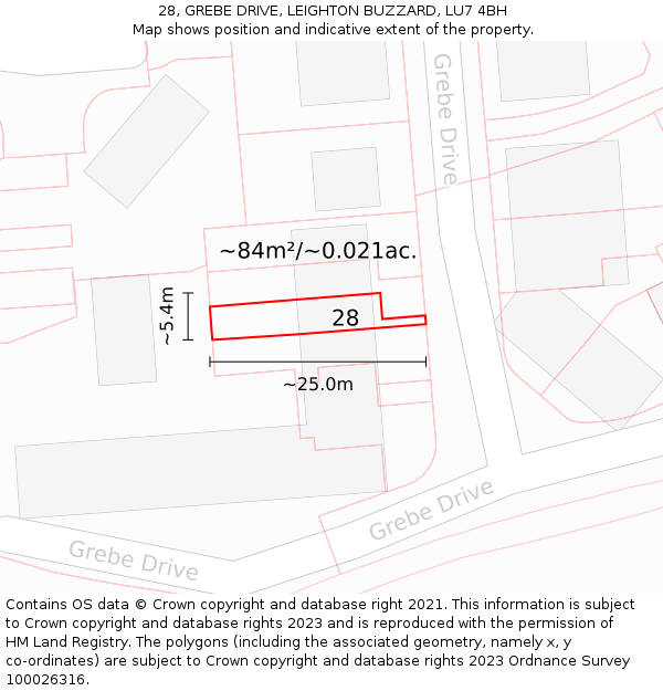 28, GREBE DRIVE, LEIGHTON BUZZARD, LU7 4BH: Plot and title map