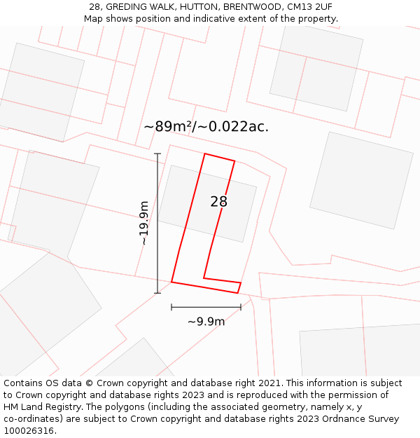 28, GREDING WALK, HUTTON, BRENTWOOD, CM13 2UF: Plot and title map