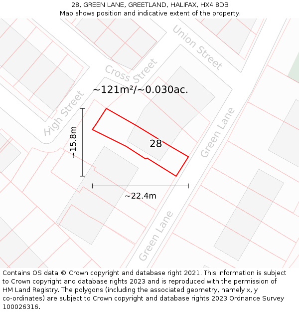 28, GREEN LANE, GREETLAND, HALIFAX, HX4 8DB: Plot and title map