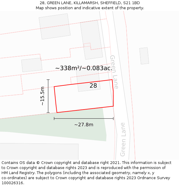 28, GREEN LANE, KILLAMARSH, SHEFFIELD, S21 1BD: Plot and title map