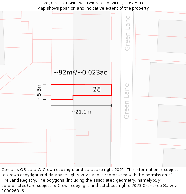 28, GREEN LANE, WHITWICK, COALVILLE, LE67 5EB: Plot and title map