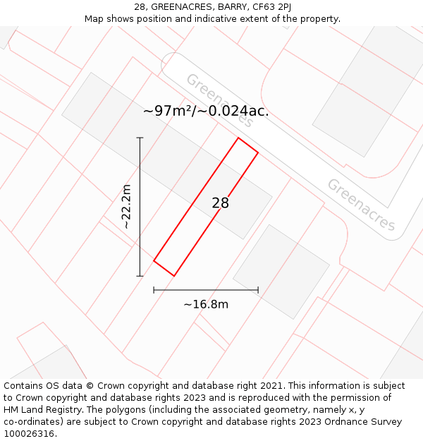 28, GREENACRES, BARRY, CF63 2PJ: Plot and title map