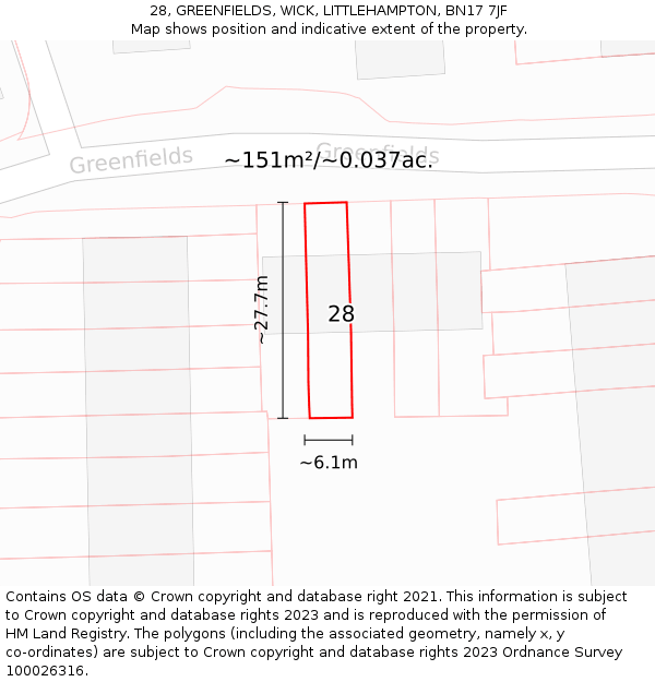 28, GREENFIELDS, WICK, LITTLEHAMPTON, BN17 7JF: Plot and title map