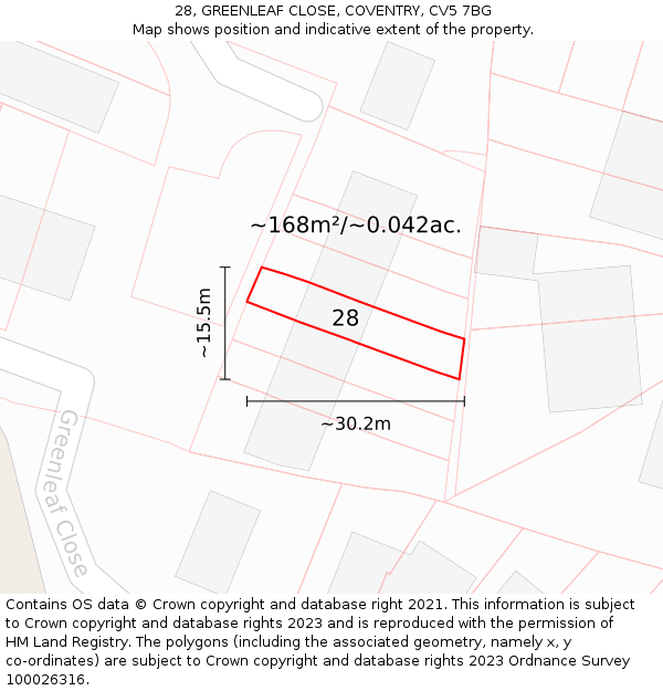 28, GREENLEAF CLOSE, COVENTRY, CV5 7BG: Plot and title map