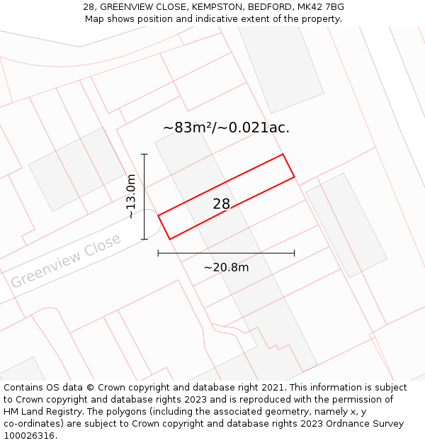 28, GREENVIEW CLOSE, KEMPSTON, BEDFORD, MK42 7BG: Plot and title map