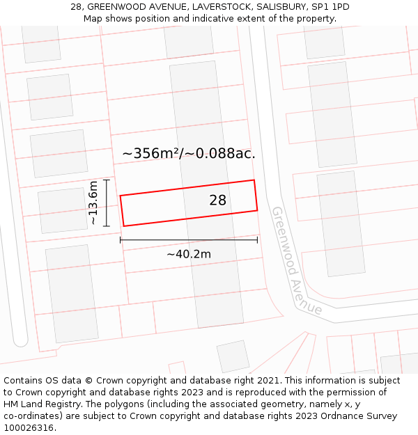 28, GREENWOOD AVENUE, LAVERSTOCK, SALISBURY, SP1 1PD: Plot and title map
