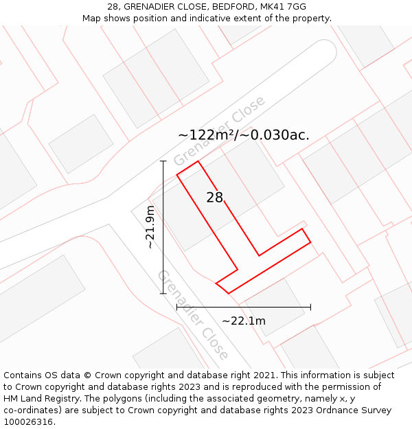 28, GRENADIER CLOSE, BEDFORD, MK41 7GG: Plot and title map