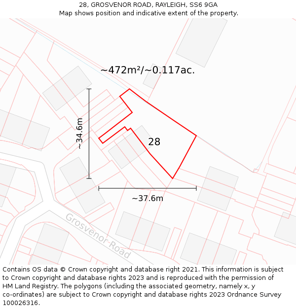 28, GROSVENOR ROAD, RAYLEIGH, SS6 9GA: Plot and title map