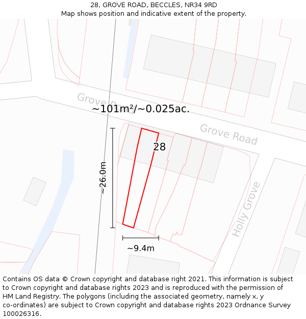 28, GROVE ROAD, BECCLES, NR34 9RD: Plot and title map