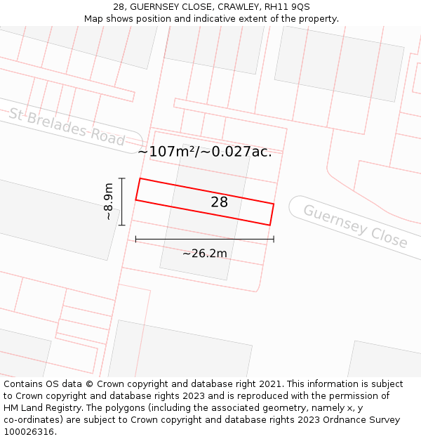 28, GUERNSEY CLOSE, CRAWLEY, RH11 9QS: Plot and title map