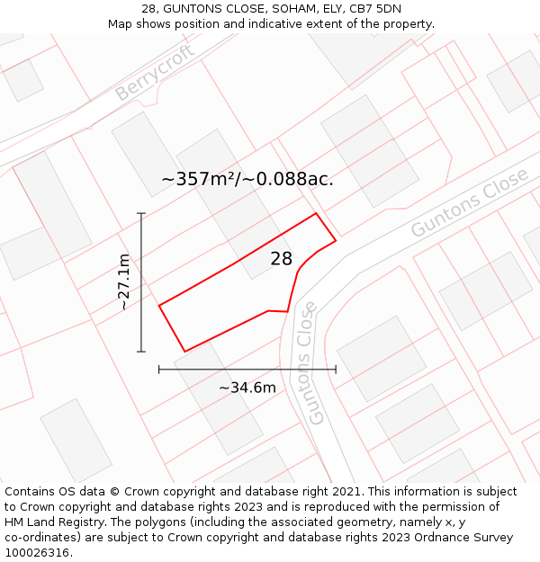 28, GUNTONS CLOSE, SOHAM, ELY, CB7 5DN: Plot and title map