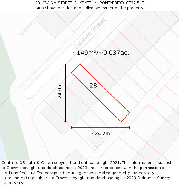 28, GWILYM STREET, RHYDYFELIN, PONTYPRIDD, CF37 5HT: Plot and title map