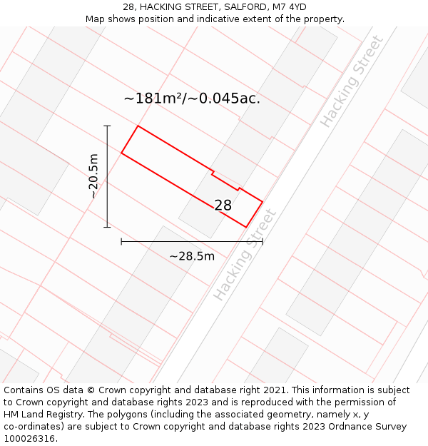 28, HACKING STREET, SALFORD, M7 4YD: Plot and title map