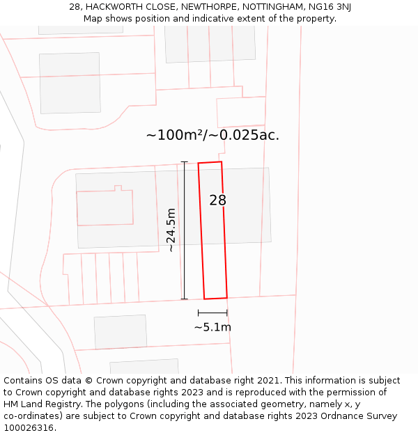 28, HACKWORTH CLOSE, NEWTHORPE, NOTTINGHAM, NG16 3NJ: Plot and title map