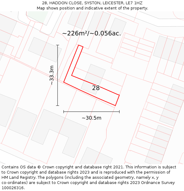 28, HADDON CLOSE, SYSTON, LEICESTER, LE7 1HZ: Plot and title map