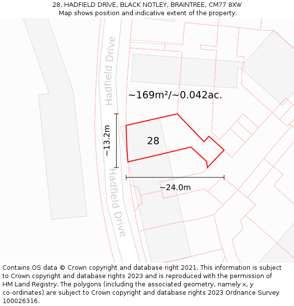 28, HADFIELD DRIVE, BLACK NOTLEY, BRAINTREE, CM77 8XW: Plot and title map