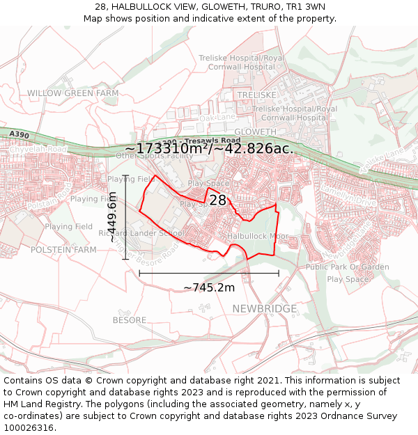 28, HALBULLOCK VIEW, GLOWETH, TRURO, TR1 3WN: Plot and title map