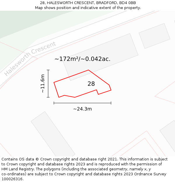 28, HALESWORTH CRESCENT, BRADFORD, BD4 0BB: Plot and title map