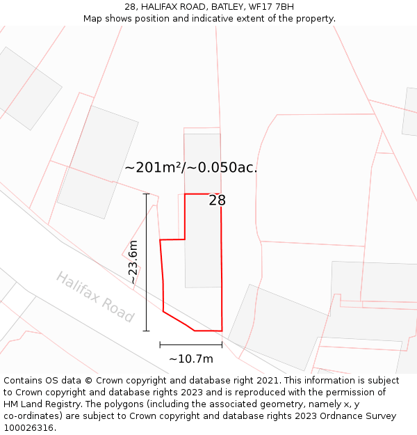 28, HALIFAX ROAD, BATLEY, WF17 7BH: Plot and title map