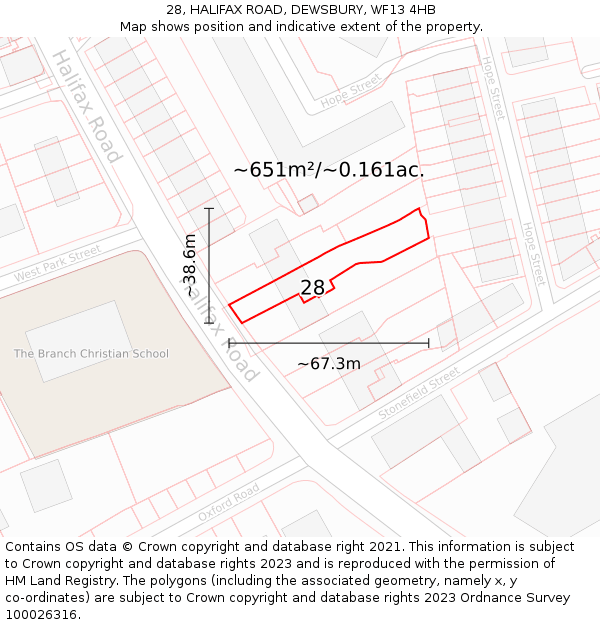 28, HALIFAX ROAD, DEWSBURY, WF13 4HB: Plot and title map