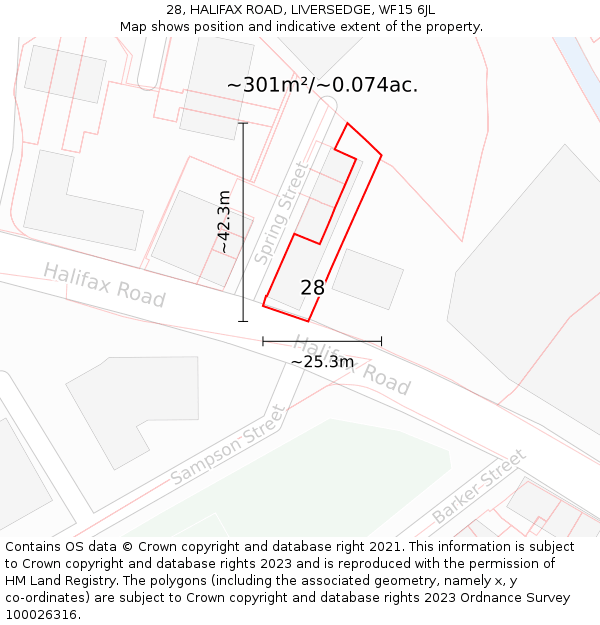 28, HALIFAX ROAD, LIVERSEDGE, WF15 6JL: Plot and title map