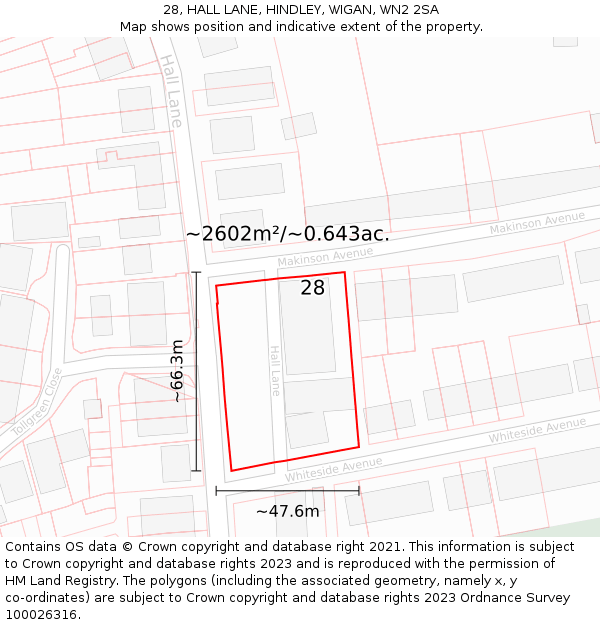 28, HALL LANE, HINDLEY, WIGAN, WN2 2SA: Plot and title map