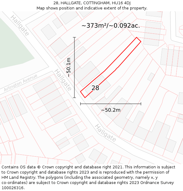 28, HALLGATE, COTTINGHAM, HU16 4DJ: Plot and title map