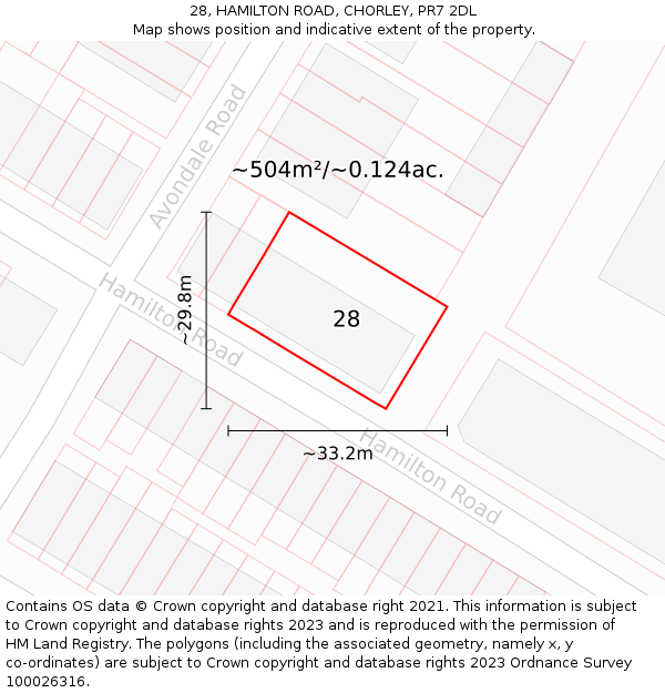 28, HAMILTON ROAD, CHORLEY, PR7 2DL: Plot and title map