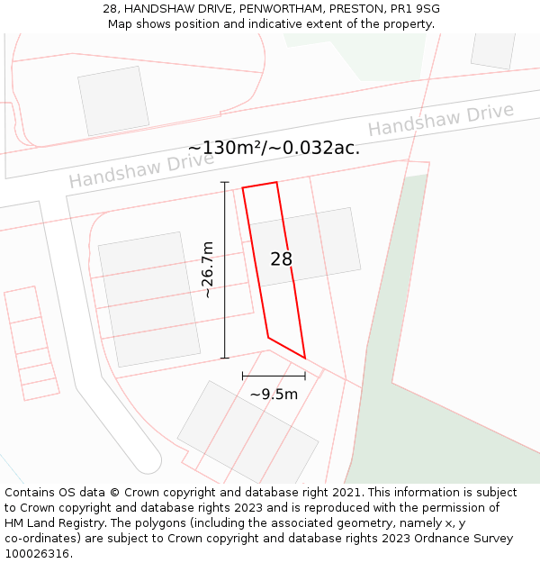 28, HANDSHAW DRIVE, PENWORTHAM, PRESTON, PR1 9SG: Plot and title map
