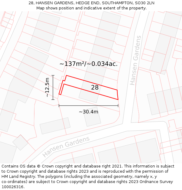 28, HANSEN GARDENS, HEDGE END, SOUTHAMPTON, SO30 2LN: Plot and title map