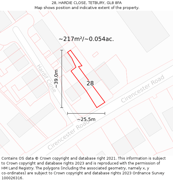 28, HARDIE CLOSE, TETBURY, GL8 8FA: Plot and title map