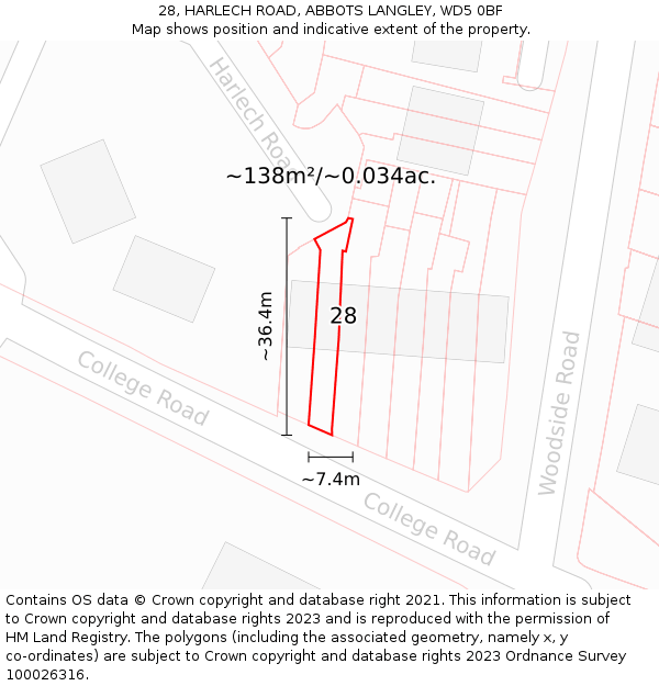 28, HARLECH ROAD, ABBOTS LANGLEY, WD5 0BF: Plot and title map